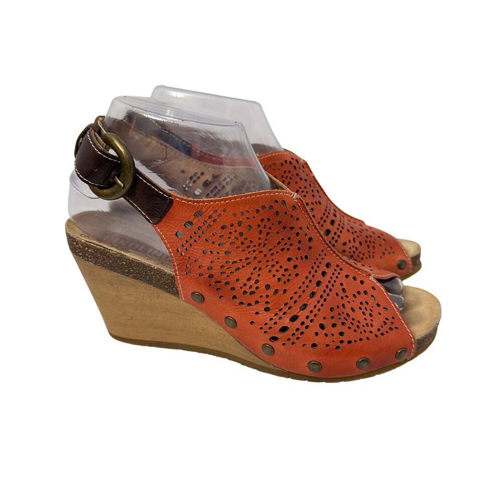 Pikolinos Benissa Leather Wedge Sandals Coral Peep Toe Size 8